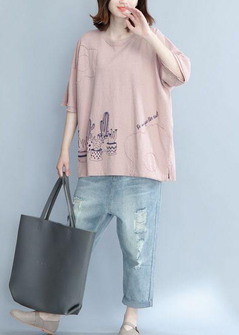 Unique pink prints cotton shirts women Appliques daily summer blouse - SooLinen