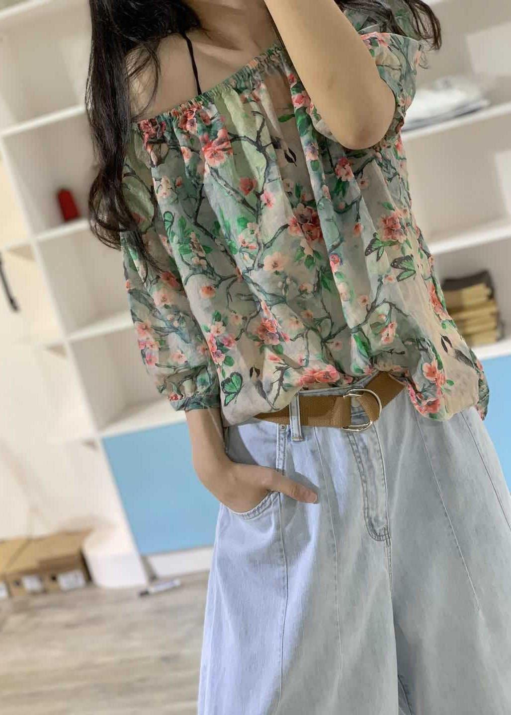 Unique prints linen clothes half sleeve box fall blouses - SooLinen