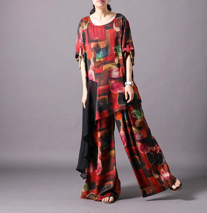 Unique silk clothes Omychic Print Spliced Irregular Blouse And Wide Leg Pants - SooLinen