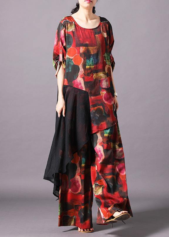 Unique silk clothes Omychic Print Spliced Irregular Blouse And Wide Leg Pants - SooLinen