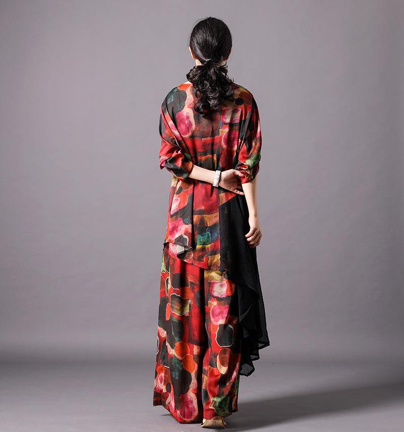 Unique silk clothes Omychic Print Spliced Irregular Blouse And Wide Leg Pants - SooLinen