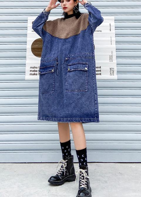 Vivid Denim Blue Clothes Women Patchwork Drawstring Robe Spring Dresses - SooLinen