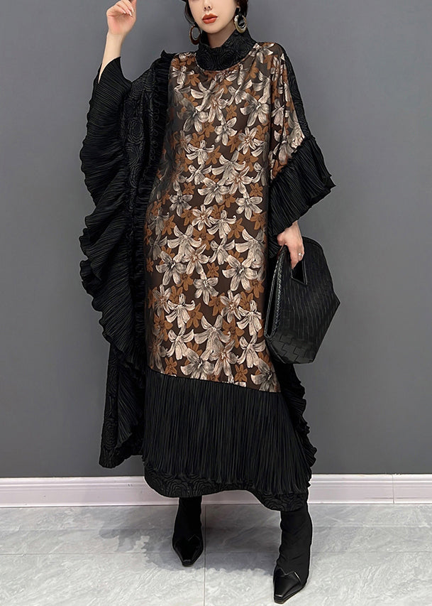 Vogue Black O-Neck Ruffles Print Long Dresses Batwing Sleeve