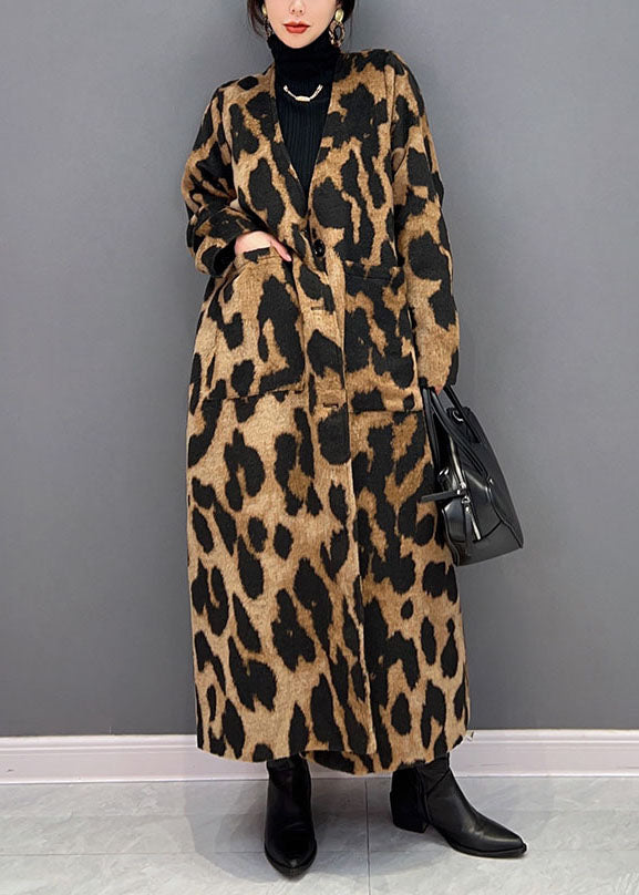 Vogue Chocolate V Neck Neck Surdimensia Léopard Print Ma Hai Mao Long Coat Hiver