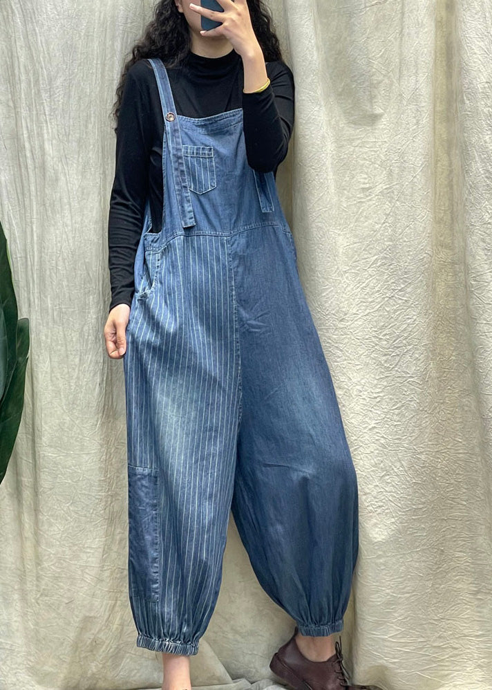 Vogue Denim Blue Striped Patchwork Button Button Beam Jumps Suit