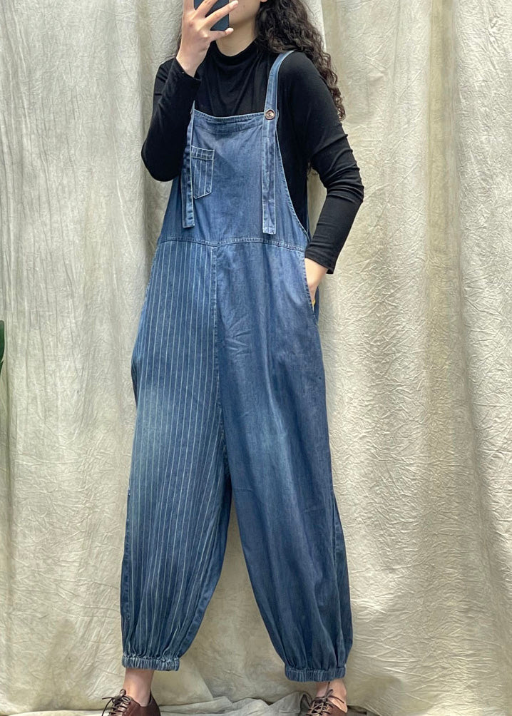 Vogue Denim Blue Striped Patchwork Button Button Beam Jumps Suit