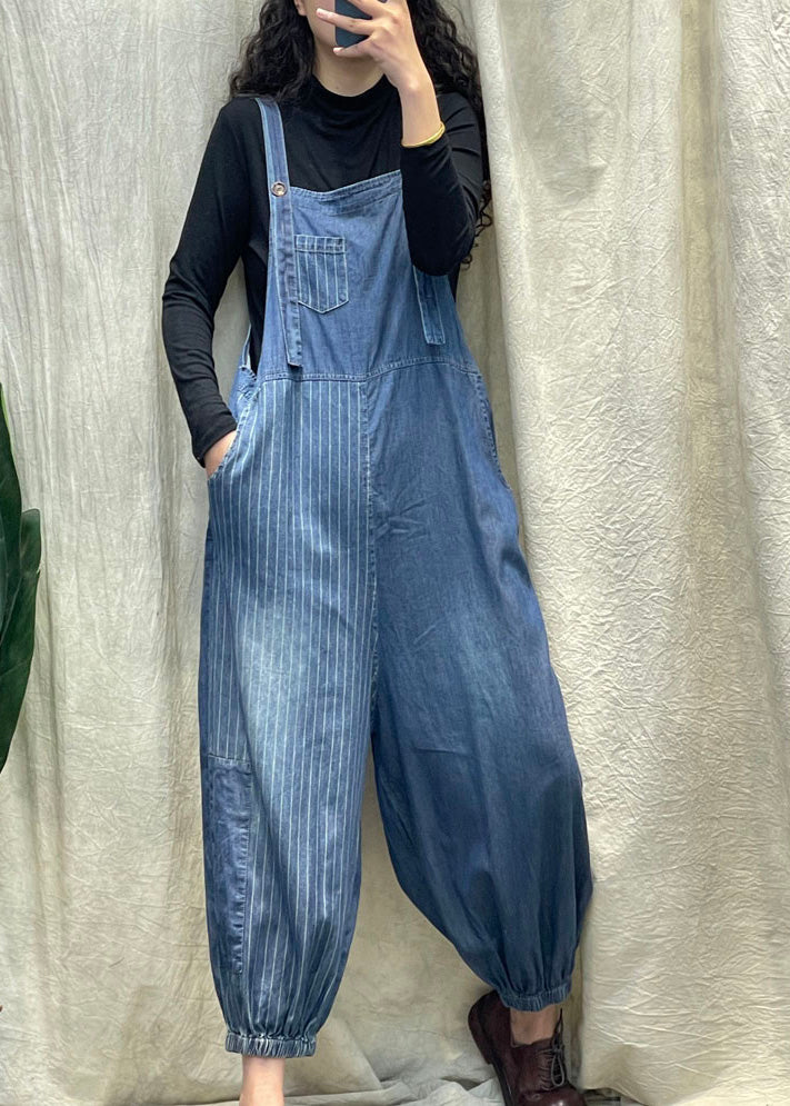 Vogue Denim Blue Striped Patchwork Button Button Beam Jumps Suit