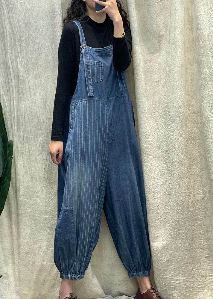 Vogue Denim Blue Striped Patchwork Button Button Beam Jumps Suit