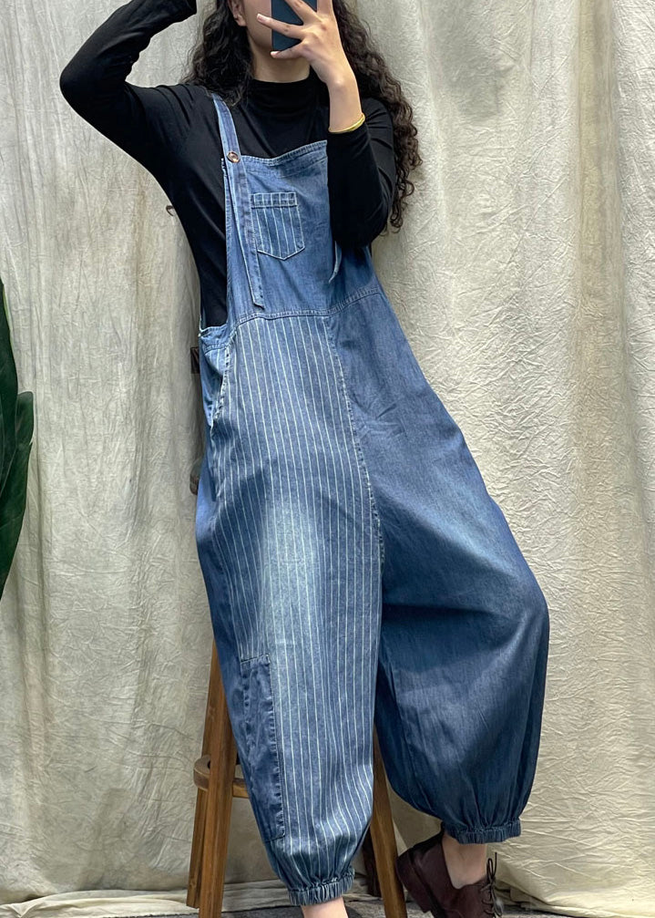 Vogue Denim Blue Striped Patchwork Button Button Beam Jumps Suit