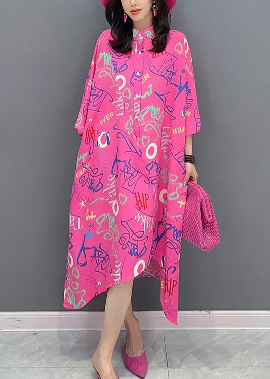 Vogue Red Assetrical Graphic Print Button Shirts Maxi Shirts Robe à manches longues