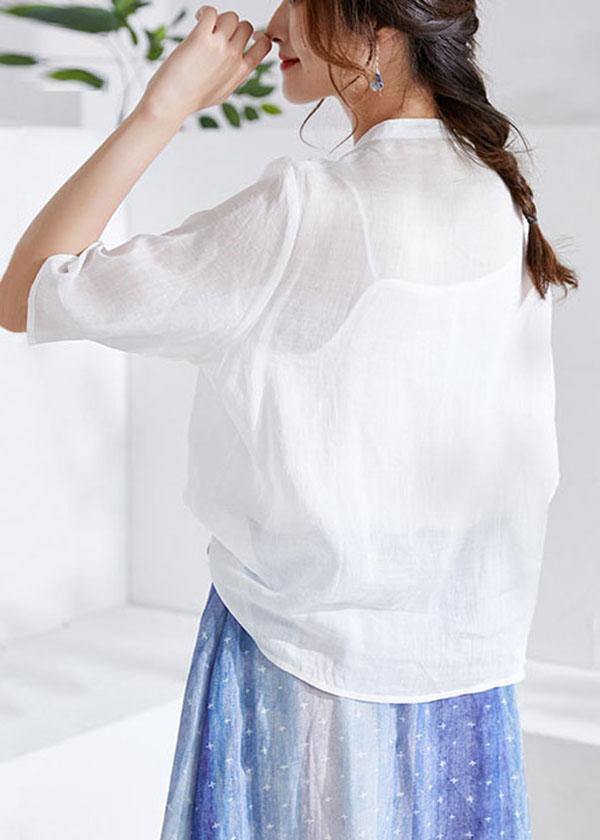 White Oriental Embroideried Summer Ramie Blouses Half Sleeve - SooLinen