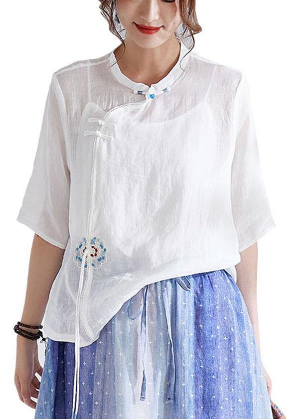 White Oriental Embroideried Summer Ramie Blouses Half Sleeve - SooLinen