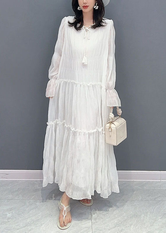 Patchwork White Murffon Long Robe Ruffled Lace Up Summer