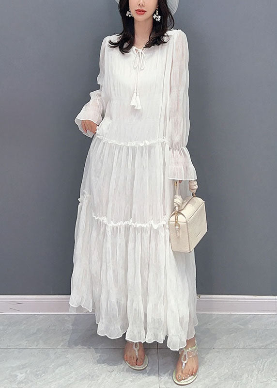 Patchwork White Murffon Long Robe Ruffled Lace Up Summer