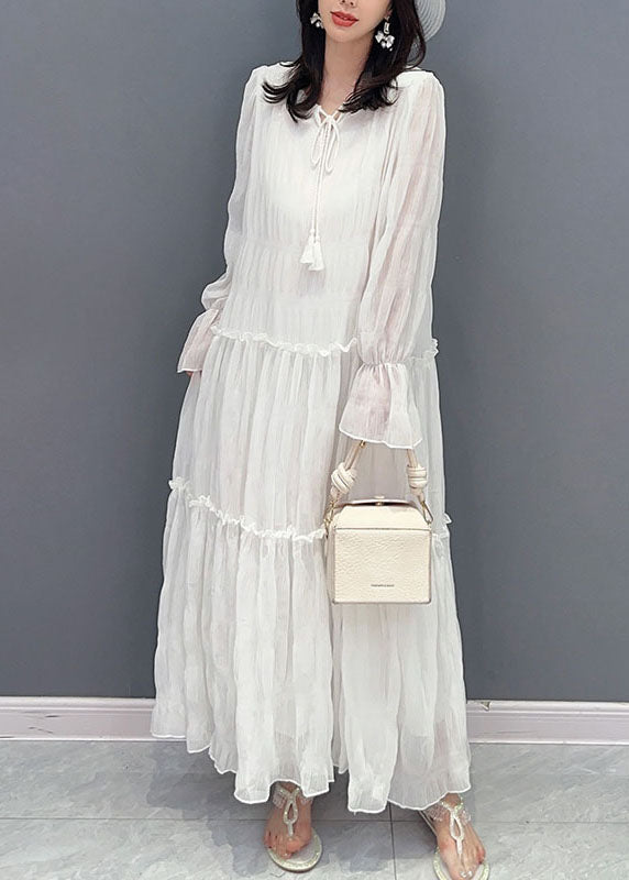 Patchwork White Murffon Long Robe Ruffled Lace Up Summer