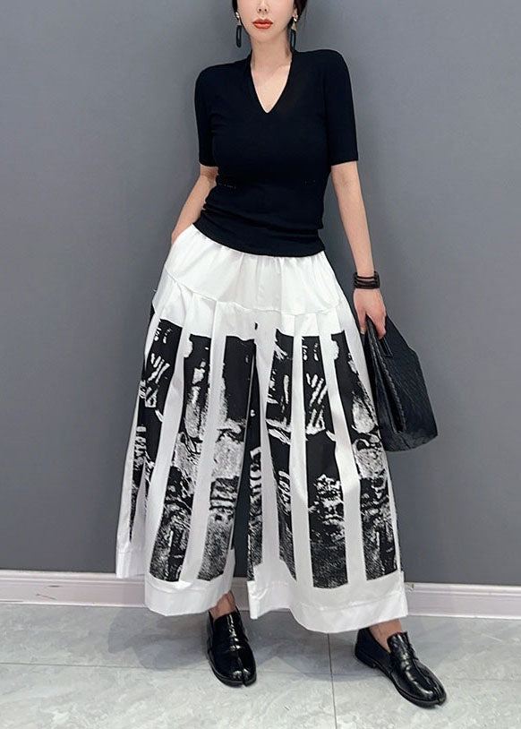 White Print Patchwork Cotton Wide Leg Pants Wrinkled Spring