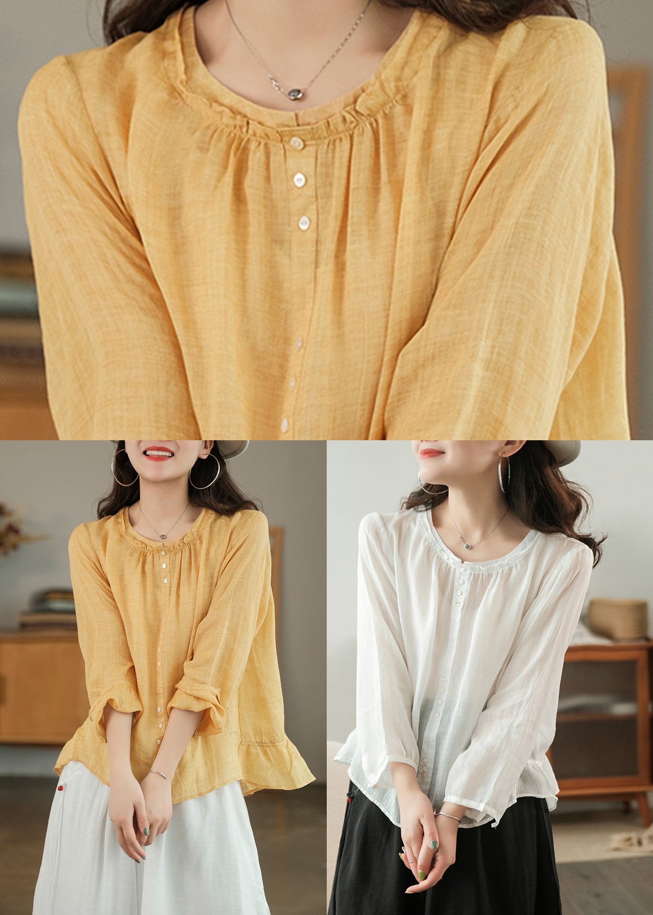 Patchwork Solid Ruffles Shirt Shirt Top Top Three Quarter Sleeve