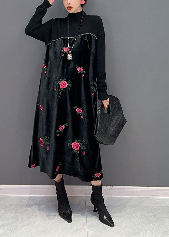 Women Black High Neck Embroideried Knit Patchwork Silk Velour Dress Spring