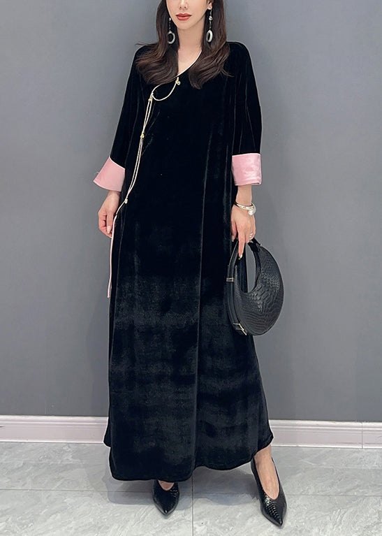 Femmes Black Lace Up Side Open Patchwork Velour Long Robe Fall