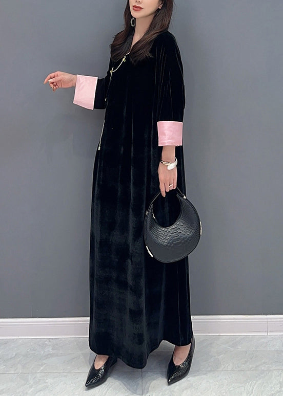 Femmes Black Lace Up Side Open Patchwork Velour Long Robe Fall