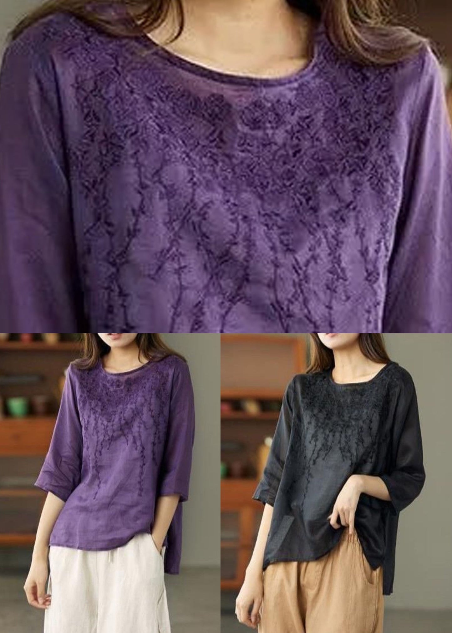 Women Black O Neck Embroideried Patchwork Linen T Shirt Summer