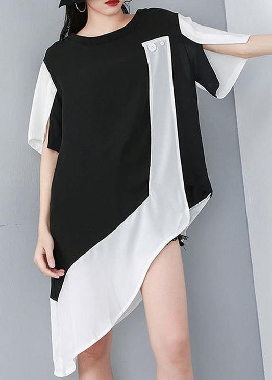 Women Black Personality Loose clothes Casual  Spliced Irregular Chiffon T-Shirt - SooLinen