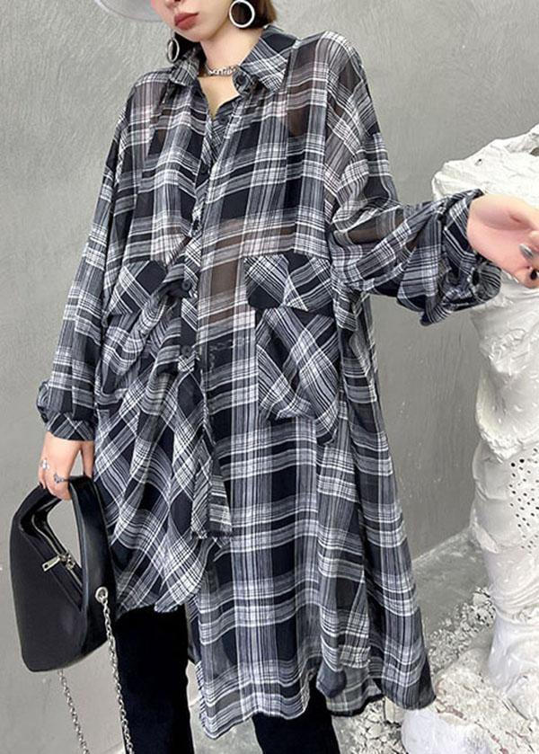 Women Black Plaid Summer Asymmetrical Long sleeve Chiffon shirt - SooLinen