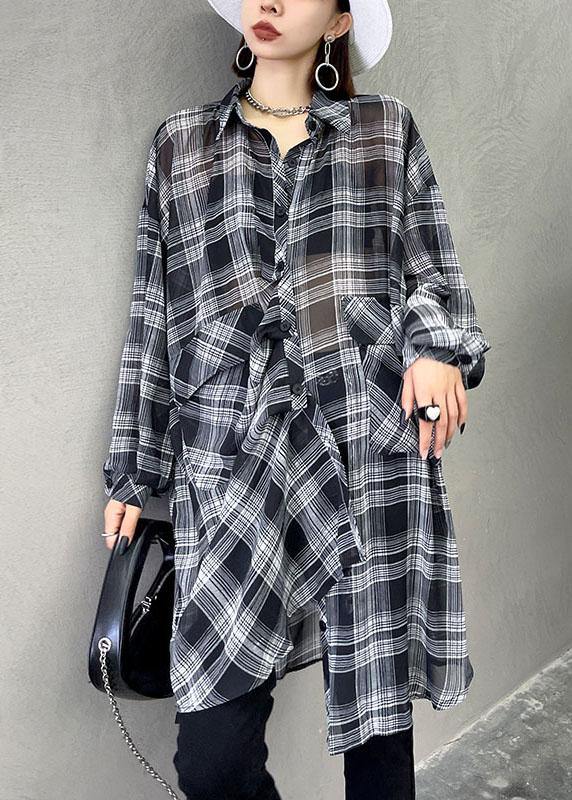 Women Black Plaid Summer Asymmetrical Long sleeve Chiffon shirt - SooLinen