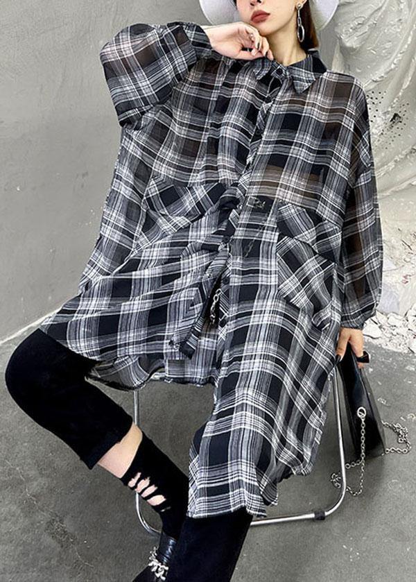 Women Black Plaid Summer Asymmetrical Long sleeve Chiffon shirt - SooLinen