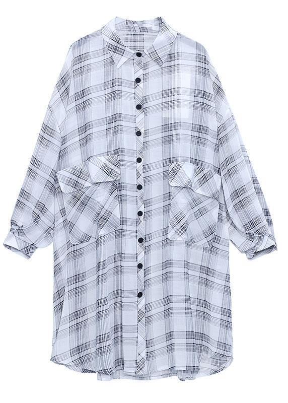 Women Black Plaid Summer Asymmetrical Long sleeve Chiffon shirt - SooLinen