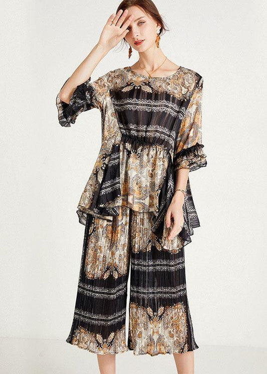 Women Black Print  Apricot O-Neck Top Wide Leg Summer Two Pieces Set - SooLinen