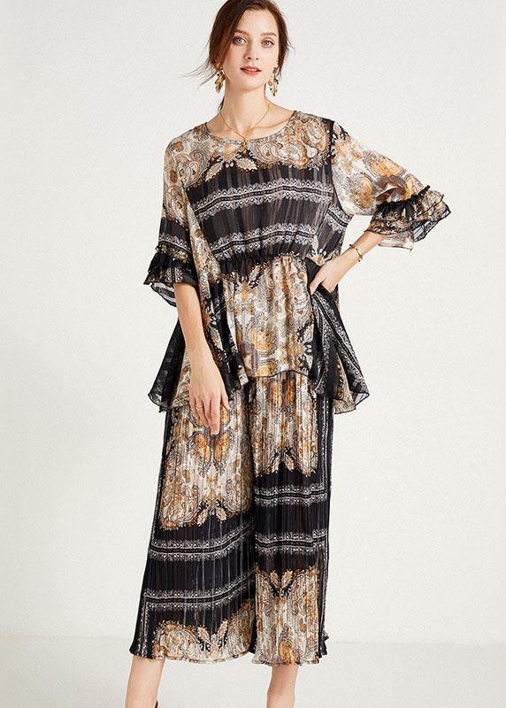 Women Black Print  Apricot O-Neck Top Wide Leg Summer Two Pieces Set - SooLinen