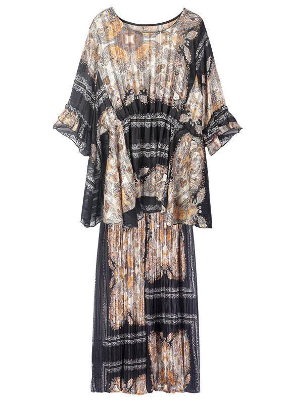 Women Black Print  Apricot O-Neck Top Wide Leg Summer Two Pieces Set - SooLinen