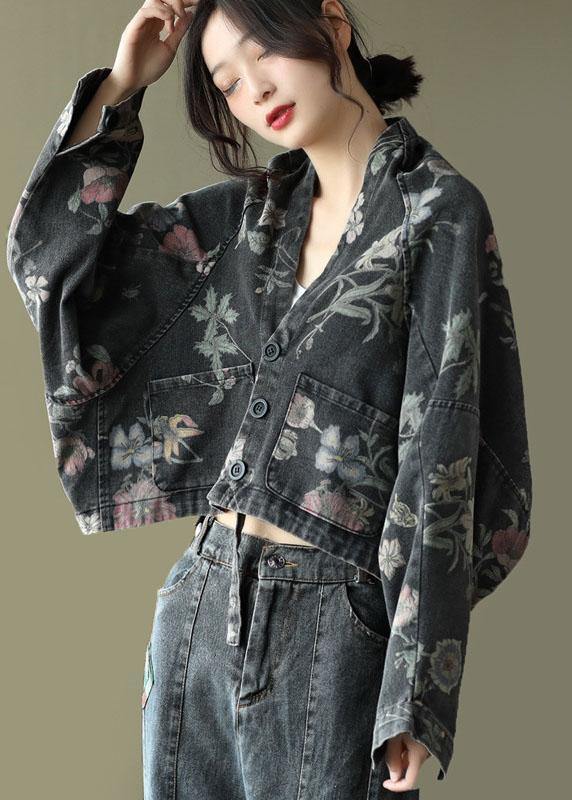 Women Black Print Batwing Sleeve Denim tops - SooLinen