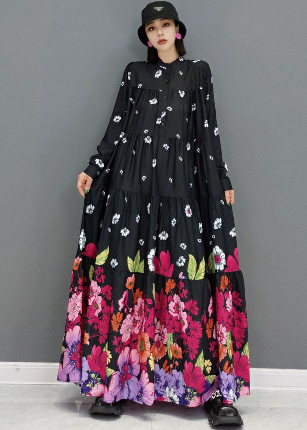 Women Black Stand Collar Floral Print Cotton Long Dress Long Sleeve