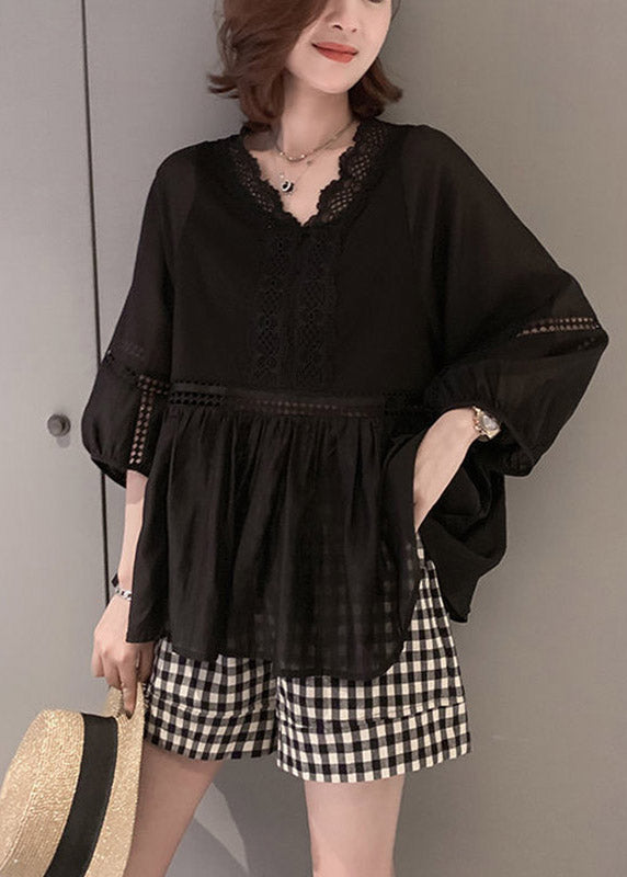 Femmes Black V Neck Hollow Out Patchwork Lace Shirt