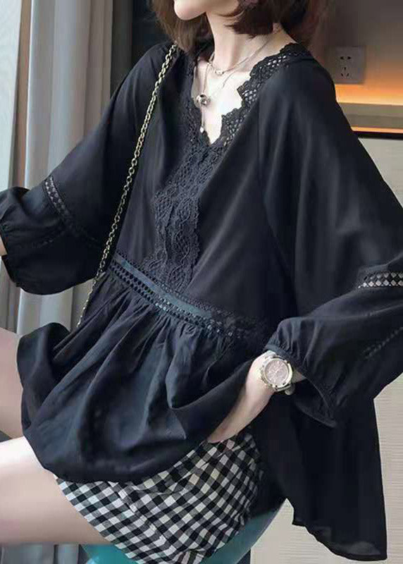 Femmes Black V Neck Hollow Out Patchwork Lace Shirt