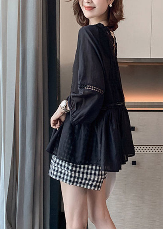 Femmes Black V Neck Hollow Out Patchwork Lace Shirt