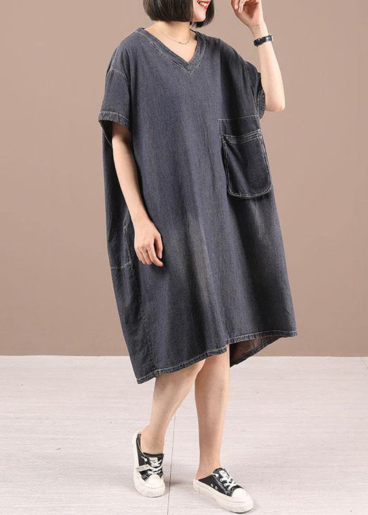 Women Black V Neck Pockets Denim Summer Maxi Dresses - SooLinen