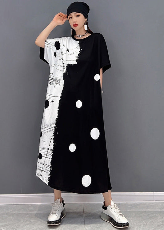 Women Black White Patchwork Dot Print Cotton Sweatshirt Long Dress Short Sleeve