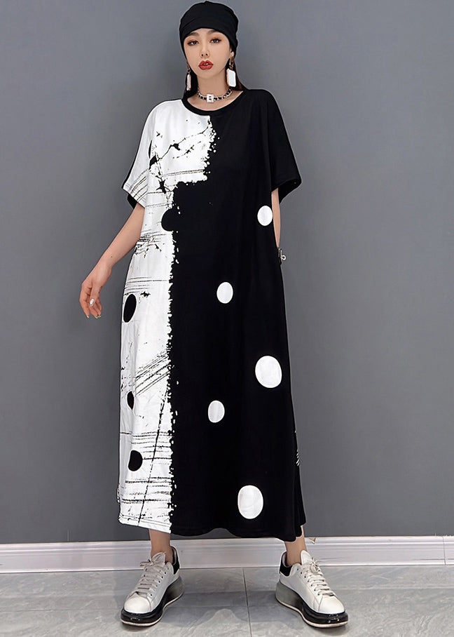 Women Black White Patchwork Dot Print Cotton Sweatshirt Long Dress Short Sleeve