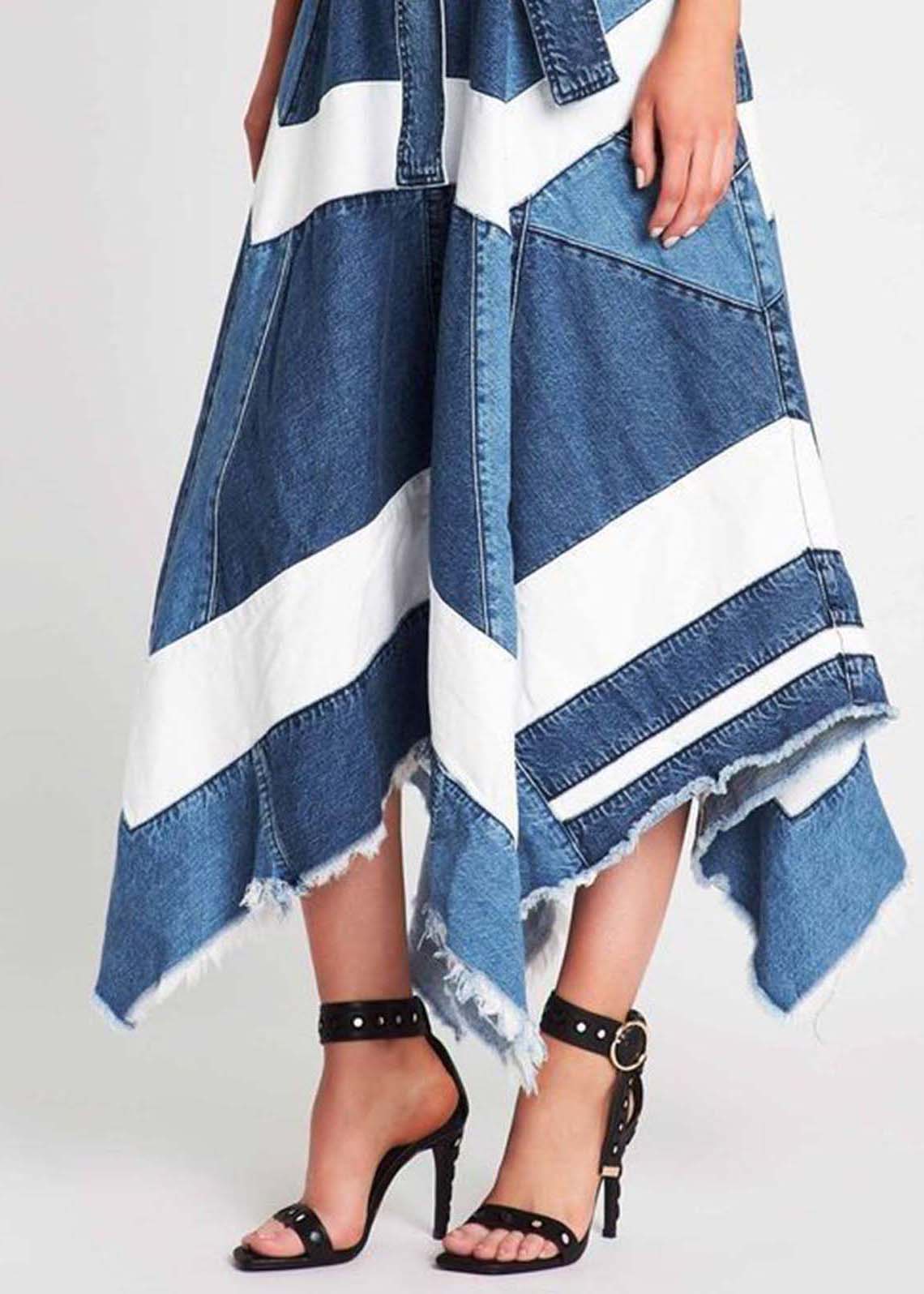 Femmes Blue Asymetrical Patchwork Denim A LINE JURTS SUMBRE