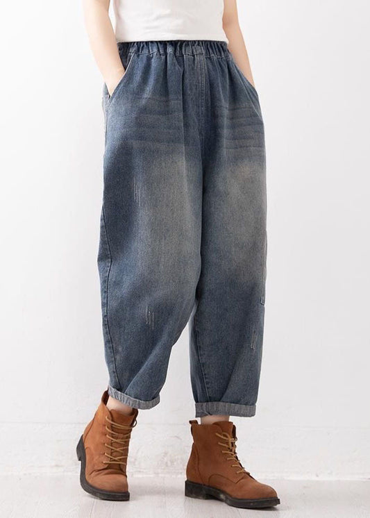 Women Blue Elastic Waist Pockets Harem Fall Denim Pants