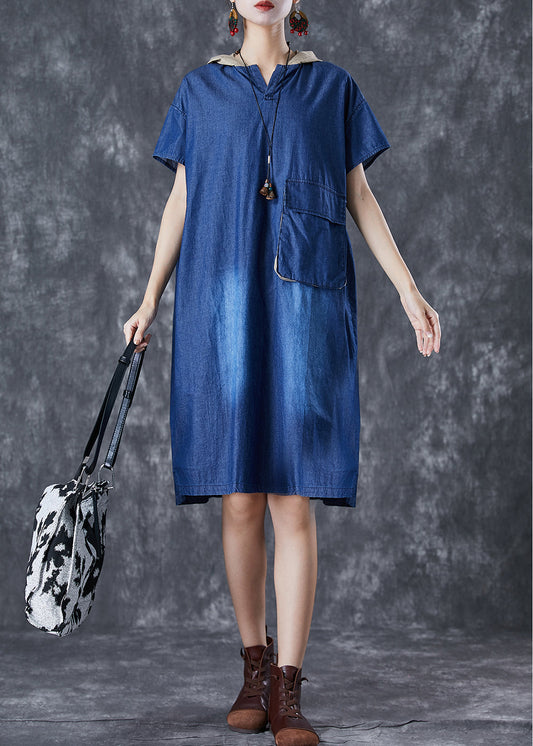 Femmes Blue Hooded Pockwork Pocket Denim Robe Summer