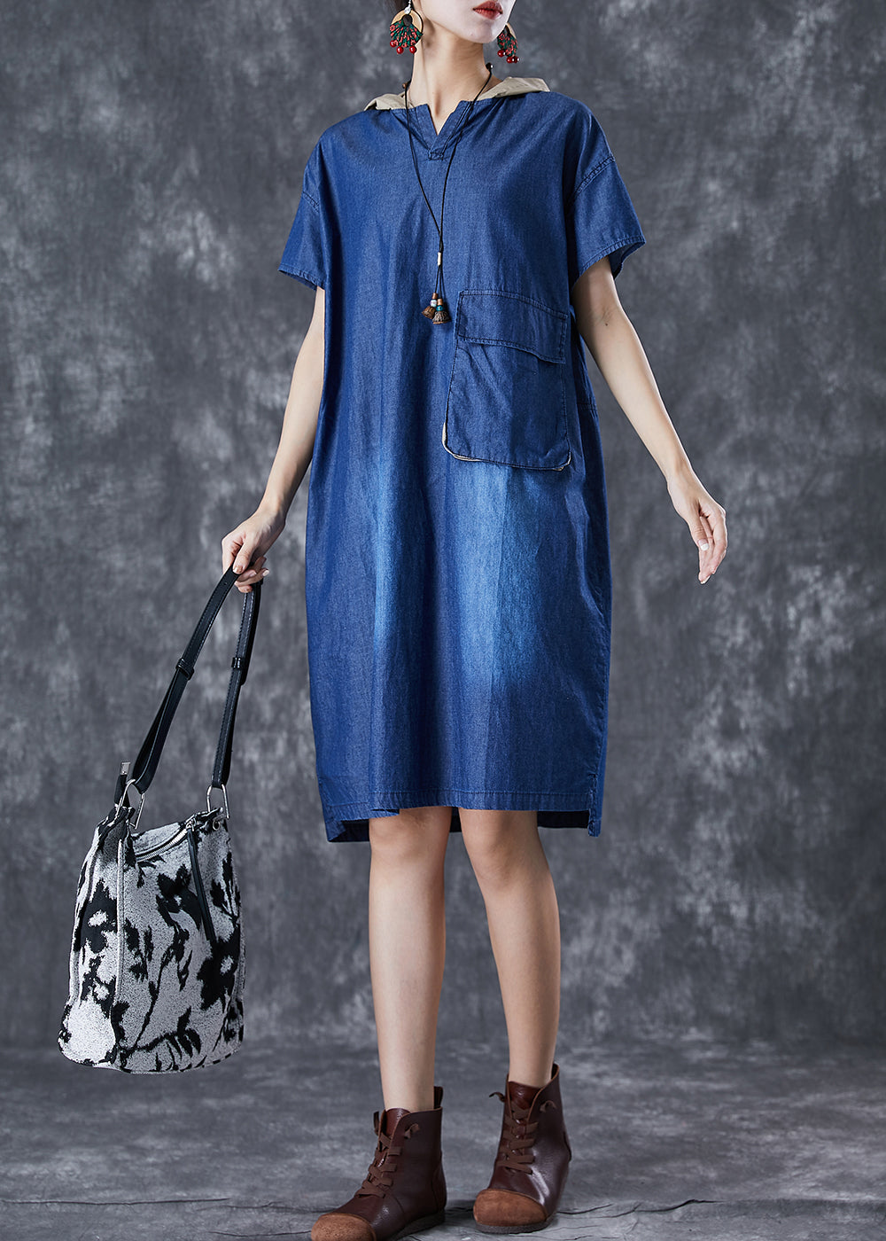 Femmes Blue Hooded Pockwork Pocket Denim Robe Summer