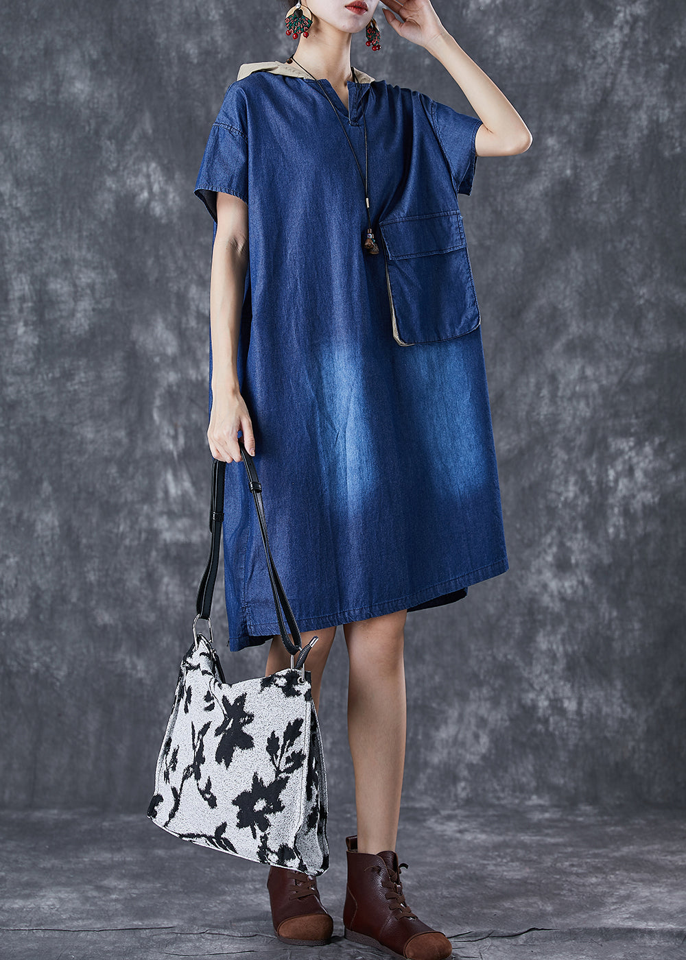 Femmes Blue Hooded Pockwork Pocket Denim Robe Summer