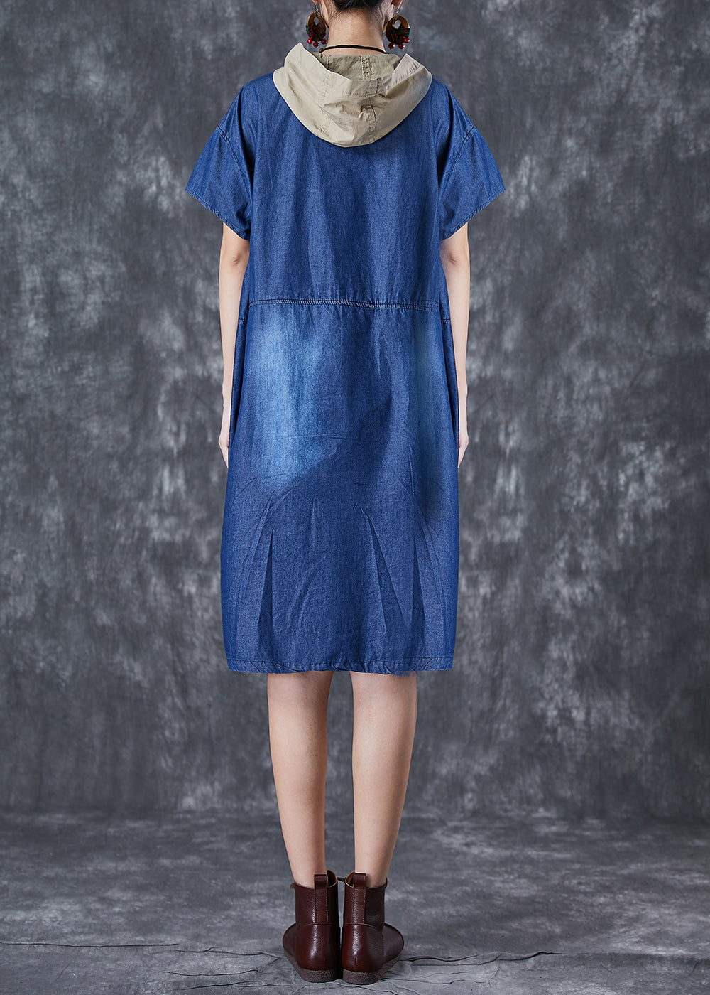 Femmes Blue Hooded Pockwork Pocket Denim Robe Summer