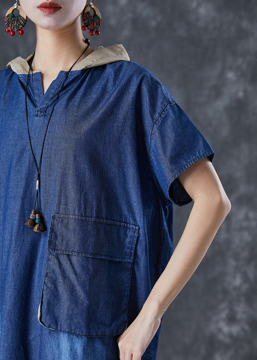 Femmes Blue Hooded Pockwork Pocket Denim Robe Summer