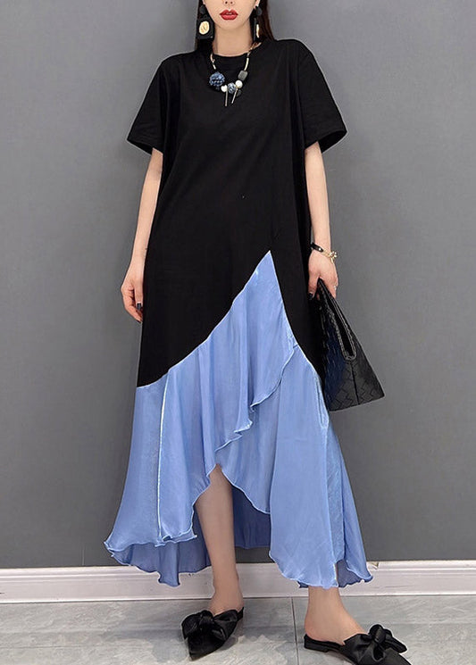 Women Blue O-Neck Asymmetric Patchwork Dress Short Sleeve