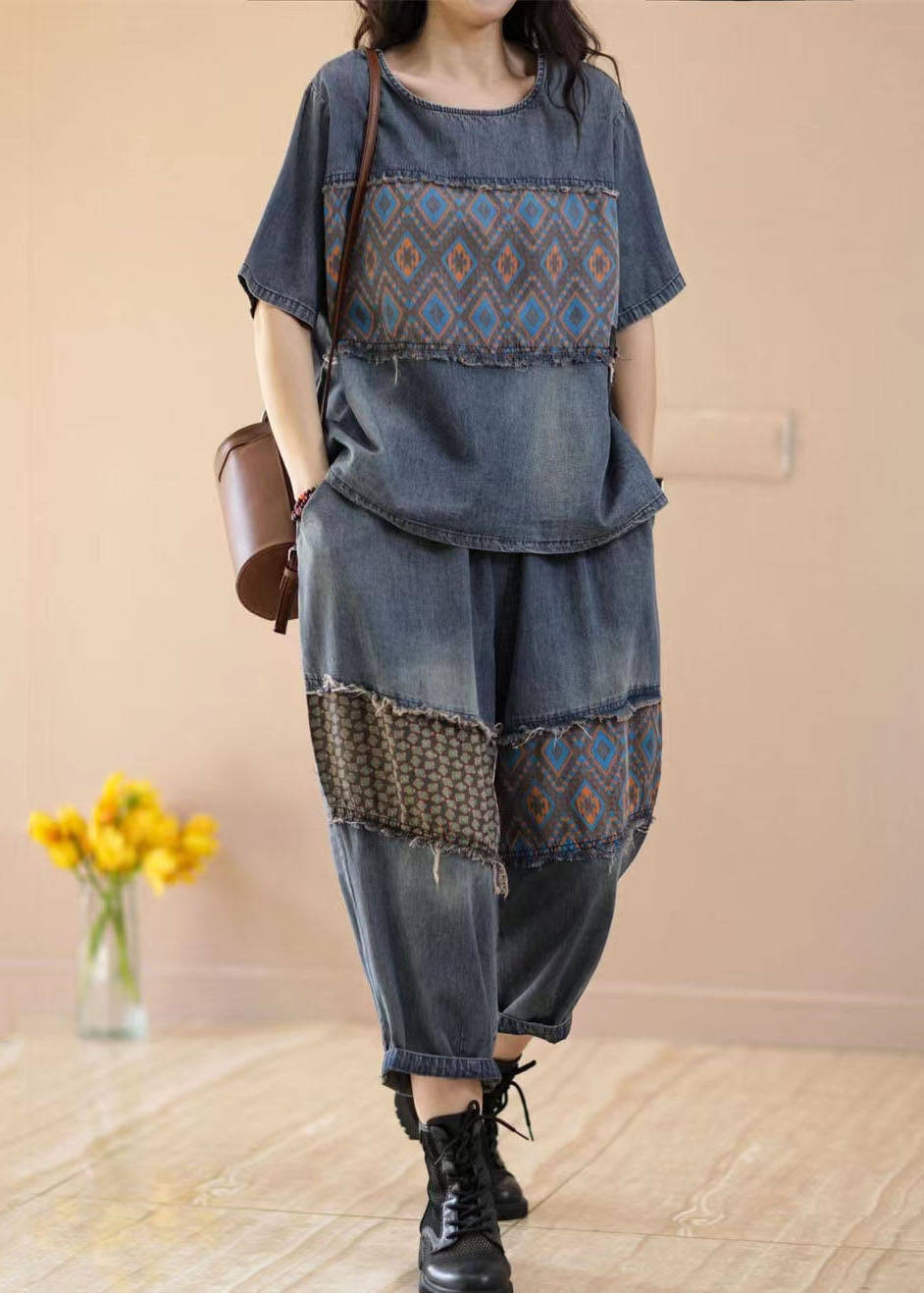 Women Blue O-Neck Patchwork Tops And Pants Denim Two Pieces Set Summer